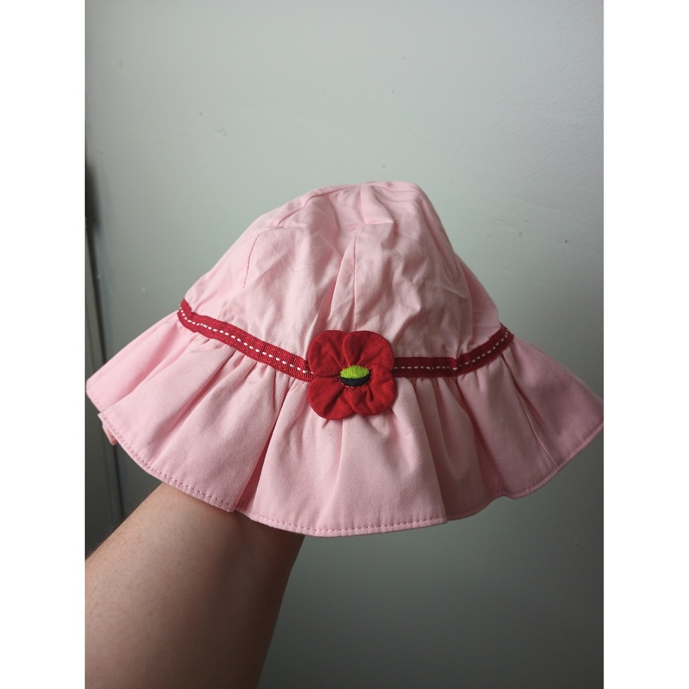 Gymboree Baby Girl Pink Cotton Sun Hat Red Flower Ruffle Brim 3-6 Months